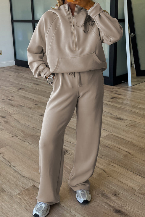 Half Zip Raglan Hoodie Thumbhole Wide Leg Pant Set